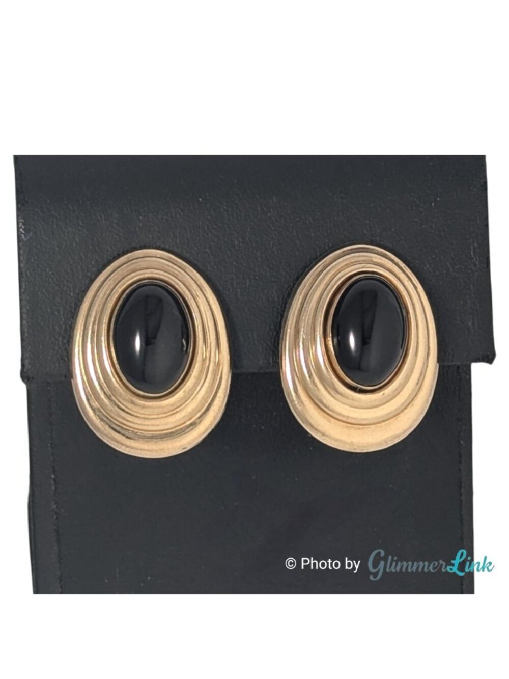Vintage 14K Gold Filled Carla Oval Black Cabochon Clip On Earrings